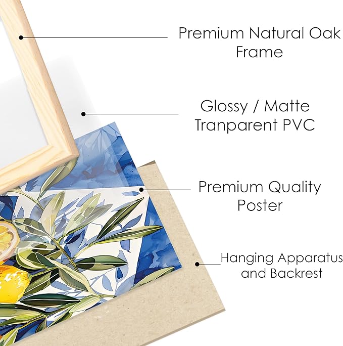 Kitchen Wall Decor Framed Wall Art Prints Set of 10 Natural Oak, Framed Food Prints, Pasta & Lemon Wall Art for Dining Room or Kitchen Decoration, Blue & Yellow Artwork with Mediterranean Decor