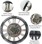 DORBOKER 24" Large Wall Clock with Moving Gears,Oversize Vintage Industrial Rustic Farmhouse Clocks for Living Room Decor Office Home,Solid Wood HD Tempered Glass Cover,Carbon Grey