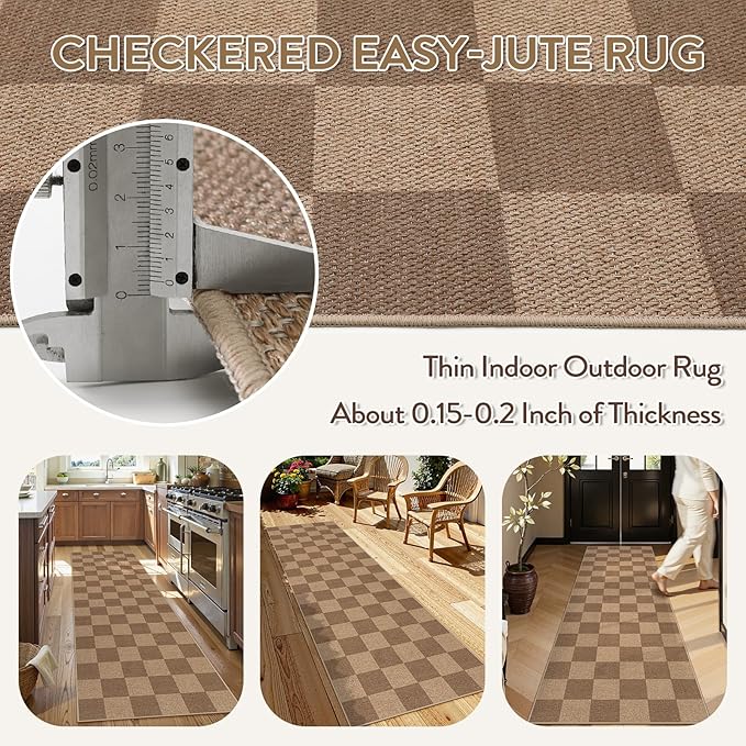 Lahome Checkered Easy Jute Kitchen Runner, 2x8 Washable Indoor Outdoor Runner Rug, Checkerboard Non Slip Non Shedding Neutral Carpet for Hallway Entryway Foyer