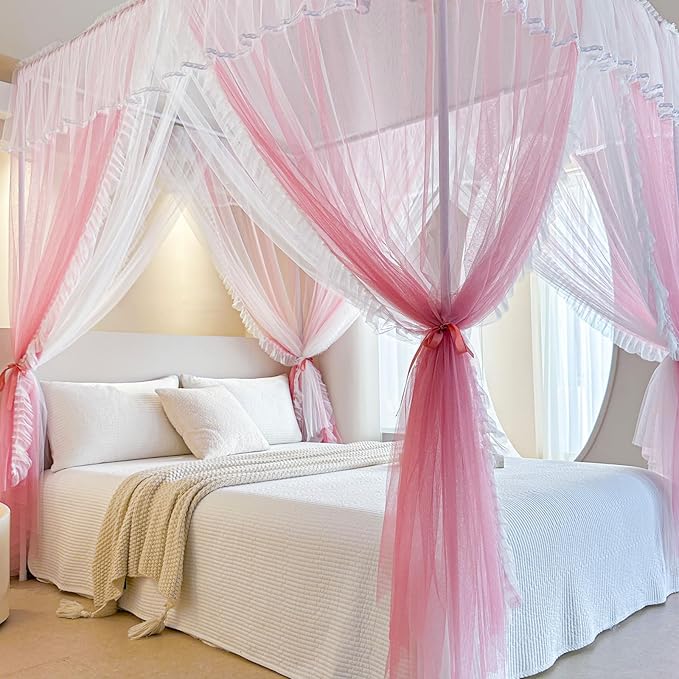 AIKASY 4 Corners Post Ruffle Princess Bed Canopy Curtain - Double Layer Cozy Drape Netting with 4 Openings - Elegant Mosquito Net for Girls and Adults Bedroom Decoration (Pink, Twin)