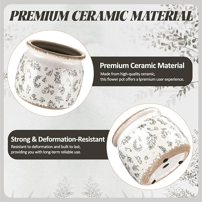 Vintage Planter Large Ceramic Plants Pot Green Leaves Crack Cottage Scroll Vase Flower Vase Pot Indoor Plants Home Kitchen Decor Farmhouse Antique Decorative Gift