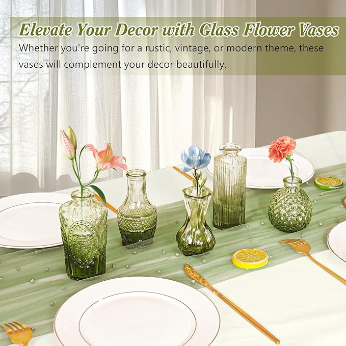 Set of 40 Glass Bud Vases, Small Green Glass Vases in Bulk, Mini Vintage Embossed Flower Vase for Wedding, Centerpieces, Birthday Party, Baby Shower, Home Table Decorations (Green)