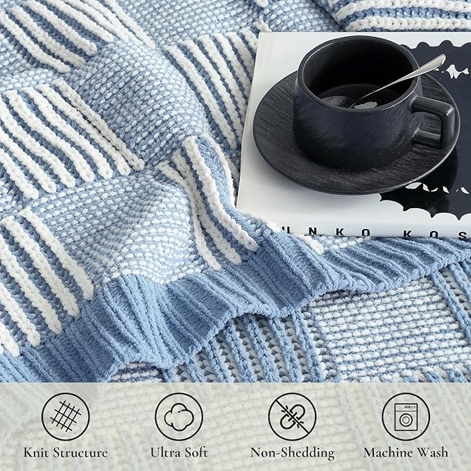 Amélie Home Chenille Knit Throw Blanket for Couch, Checkered Texture Decorative Soft Blanket for Sofa, Bed & Living Room, 50"x60", Blue & White