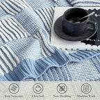 Amélie Home Chenille Knit Throw Blanket for Couch, Checkered Texture Decorative Soft Blanket for Sofa, Bed & Living Room, 50"x60", Blue & White