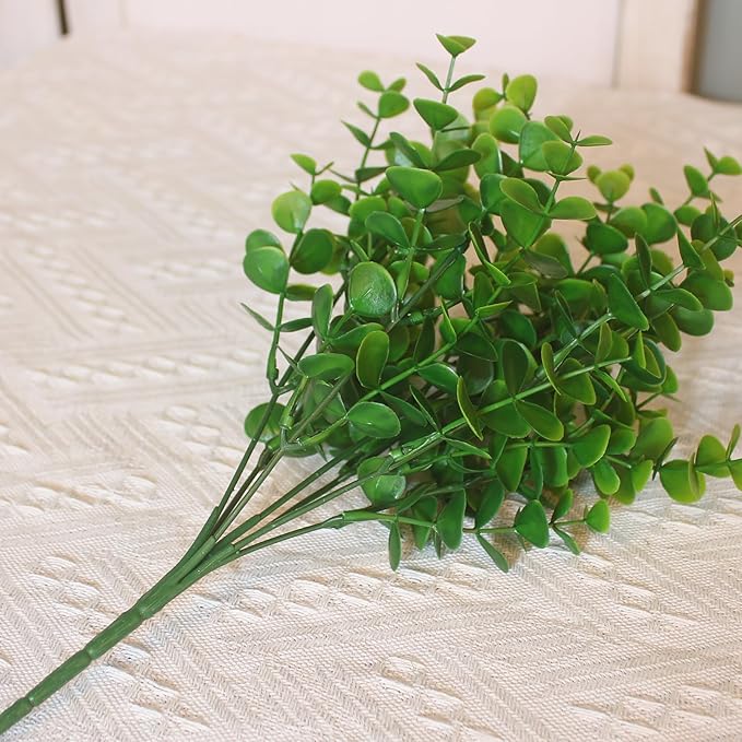 alyptus Artificial Boxwood Plants Outdoor 8 Bundles Faux Eucalyptus Flowers Green Bushes Plastic Greenery Stems for Home Garden Farmhouse Patio Front Porch Decor (Eucalyptus)