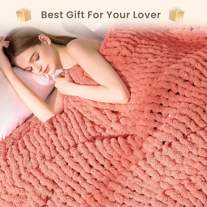 L'AGRATY Chunky Knit Blanket Throw: 60''x80'' Chenille Chunky Knitted Throw Blankets for Twin Bed Couch - Handmade Thick Cable Knit Blanket - Large Crochet Rope Blankets for Home Decor(Coral Pink)