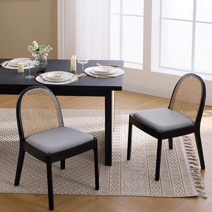 Mid Century Dining Chairs Set of 4, Accent Rattan Side Chairs Linen Fabric Kitchen Chair with Solid Wooden Legs for Living Room Dining Room, Grey