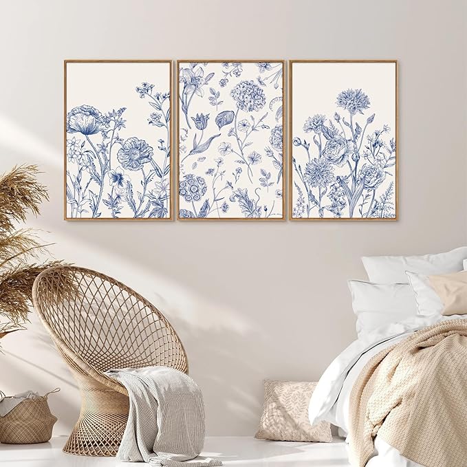 Tinonedraw Large Classic Chinoiserie Flower Framed Canvas Wall Art Set, Navy Blue and White Floral Wall Decor, Minimalist Neutral Botanical Art Printing for Living Room Bedroom Office Dorm 24"x36"x3