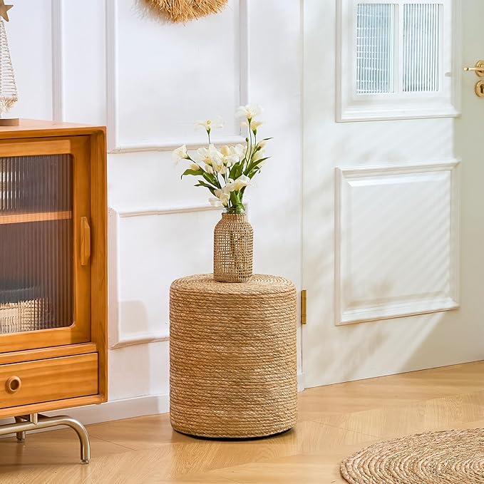 Wimarsbon Natural Seagrass Foot Stool, Hand Weaving Round Ottoman, for Living Room, Outdoor Seat (Natural)