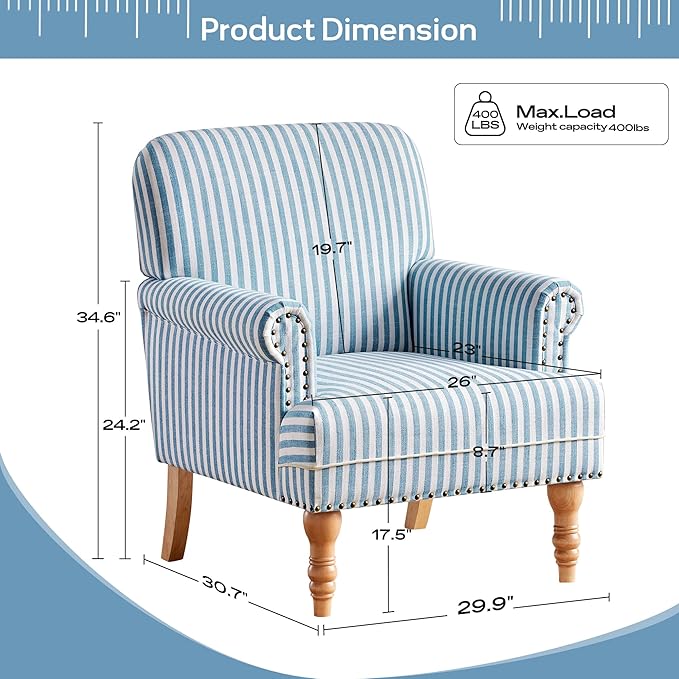 HUIMO Linen Fabric Accent Chair, Mid-Century Modern Armchair with Solid Wood Legs, Single Sofa Chair,Upholstered Reading Club Chair (1, Blue and White Stripe)
