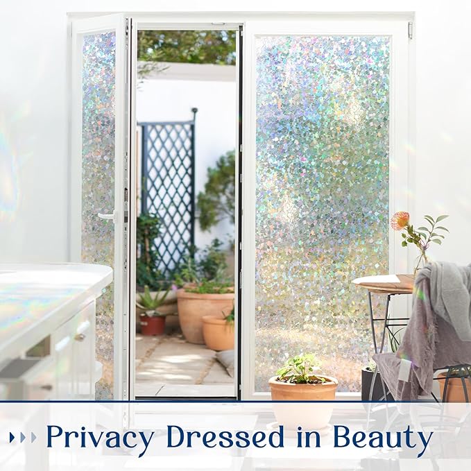 Haton Window Privacy Film, Rainbow Stained Glass Window Clings, 3D Decorative UV Sun Blocking Sticker, Removable Static Cling Heat Control Tint for Home Door, 23.6" x 78.7" Non-Adhesive