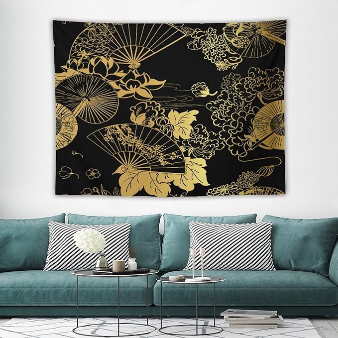 HZOHNAGO Japanese Tapestry Gold Flowers Umbrella Fan Pattern Printed Wall Tapestry Painting Wall Hanging for Bedroom Living Room Dorm 80" W x 60" H