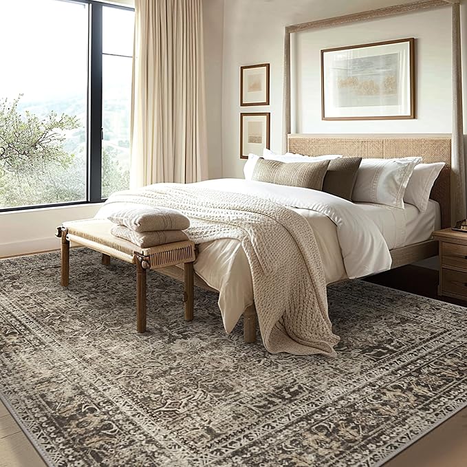 Area Rugs 8x10 for Living Room Bedroom, Vintage Machine Washable Stain Resistant Rug, Large Soft Low Pile Sage Charcoal Foor Mat with Non Slip Backing for Dining Room