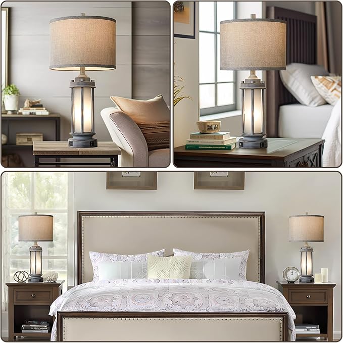 Set of 2 Rustic Table Lamps for Living Room, Farmhouse Vintage Nightstand Lamp with 2 USB Ports, Antique Retro Light Green Glass Night Light for Bedroom Entryway, 4 Bulbs Included