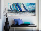 Arjun Blue Abstract Wall Art Canvas Teal Ocean Sailboat Picture Modern Turquoise Coastal Nautical Painting Large 40"x20" Framed Textured Artwork for Living Room Bedroom Bathroom Home Office Wall Decor