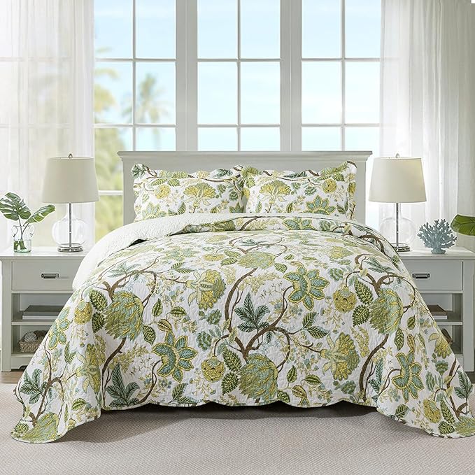 Travan 3-Piece Quilt Set Quilted Bedspread Cotton Coverlet Set Floral Oversized Quilted Bedding Set for All Season, White Vine, King Size