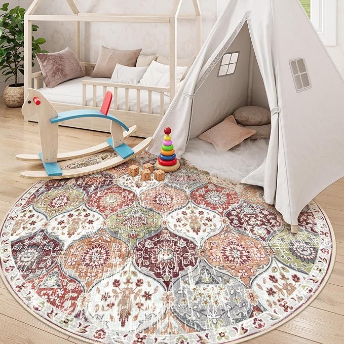 Lahome Moroccan Trellis Washable Round Area Rug, Soft Round Rugs 6ft Ultra-Thin Non-Slip, Vintage Large Circle Carpet for Bedroom Living Room Kitchen Nursery, Orange/Terracotta
