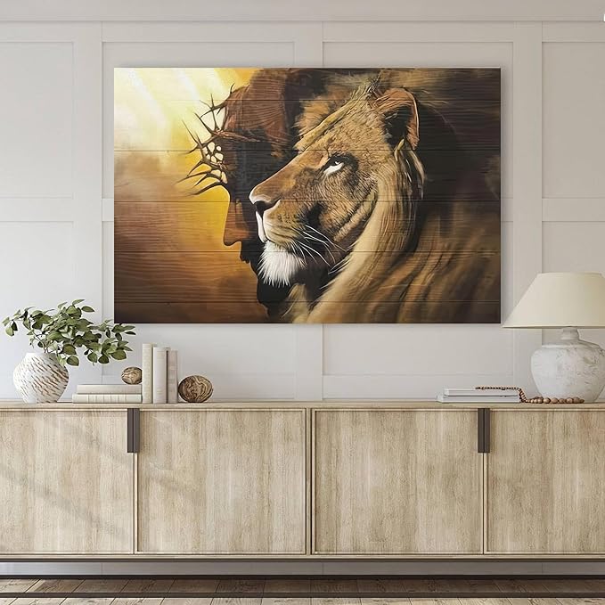 Fantasy Artists Framed Jesus Christ Canvas Wall Art The Lion of Judah Christian Painting Prints Biblical Wall Decor Religious Room Decor for Church Prayer Room Christian Schools Hospitals 24'' x 36''