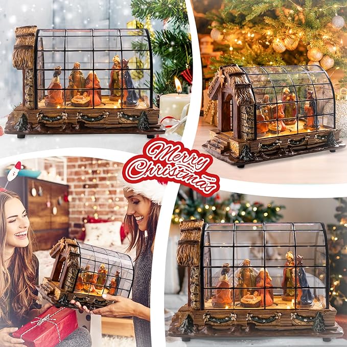 VCUTEKA Christmas Village Collectible Building, Animated Christmas Village Greenhouse Musical Village Perfect Addition to Your Xmas Indoor Decorations or Holiday Displays, Brown