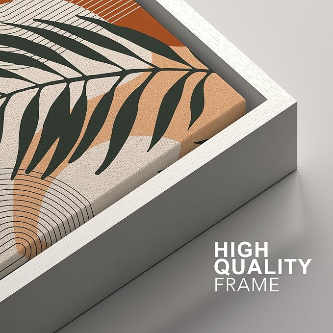 SIGNFORD Framed Canvas Print Wall Art Mid-Century Palm Leaf and Geometry Symbols Abstract Shapes Illustrations Modern Boho Nature Colorful Chic for Living Room, Bedroom, Office - 24"x36"x2 White