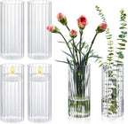 6 Pcs 8 Inch Tall Glass Ribbed Cylinder Vases Clear Floating Candle Flower Vase in Bulk, Hurricane Candle Holder for Wedding Housewarming Gift Table Centerpieces