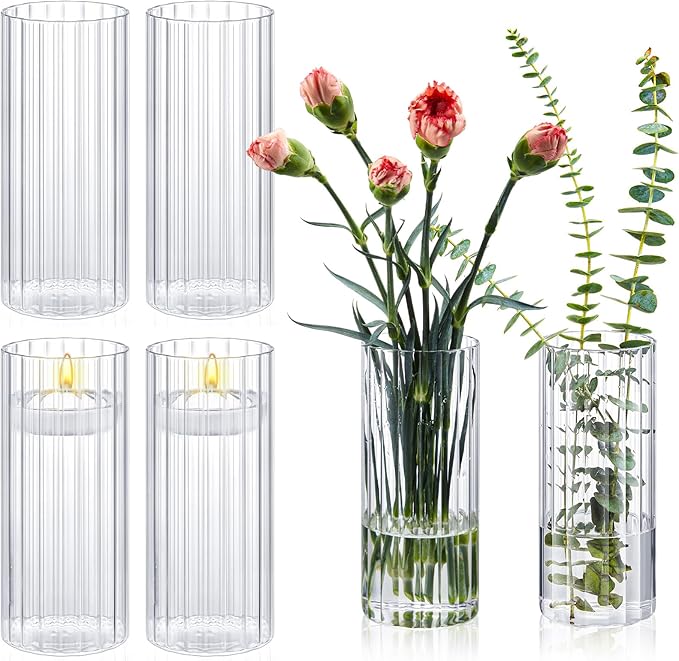 6 Pcs 8 Inch Tall Glass Ribbed Cylinder Vases Clear Floating Candle Flower Vase in Bulk, Hurricane Candle Holder for Wedding Housewarming Gift Table Centerpieces