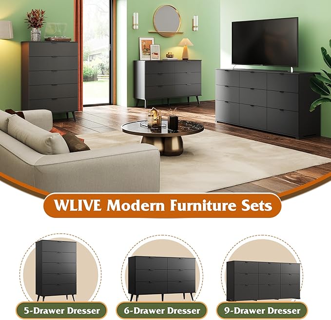 WLIVE 5 Drawer Dresser for Bedroom, Tall Wood Dresser, Black Dressers Storage Organizer with Sturdy Metal Handle, Chest of Drawers for Living Room, Hallway, Closet