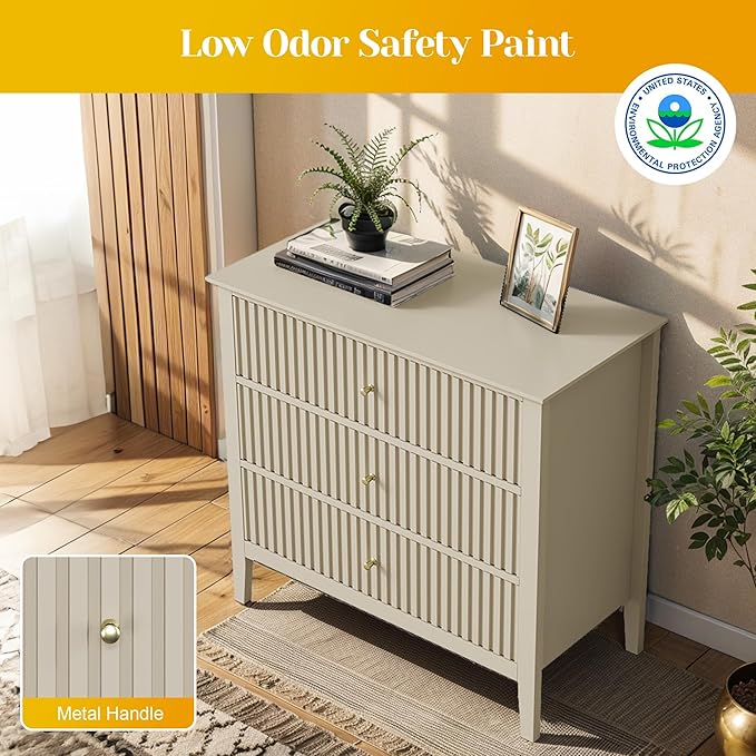 Large Beige 3 Drawer Dresser, Painted 30 Inch Tall Wood Nightstand with Storage, Wide Modern Chest of Drawers with Ball Bearing Slide for Bedroom Hallway Living Room Entryway Office