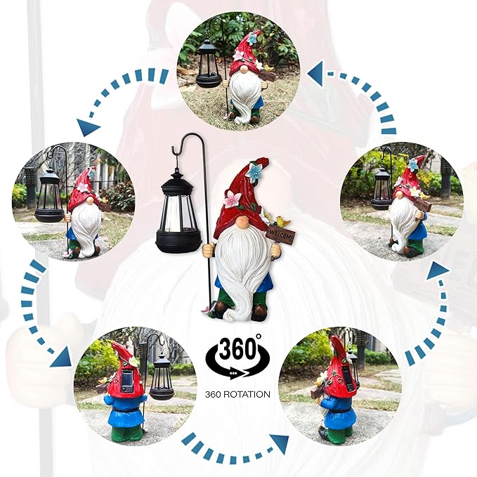 Solar Garden Gnomes Statue with Succulent and 4 LED Lights - Solar Lantern Gnomes Decorations for Yard Outdoor gnome Decorations for Garden, Patio Gnome Gifts for Mom