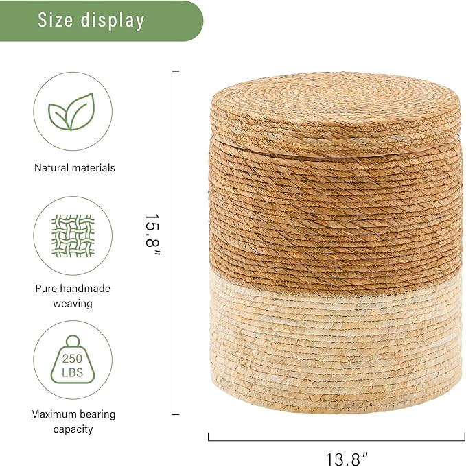 Wimarsbon Storage Pouf Ottoman, Hand Weaving Natural Straw Foot Stool, Bohemian Round Patio Ottomans, Rustic Lounge Pouffe, Outdoor Extra Seat for Garden (14inch Cattail+Beige Corn Husk L)