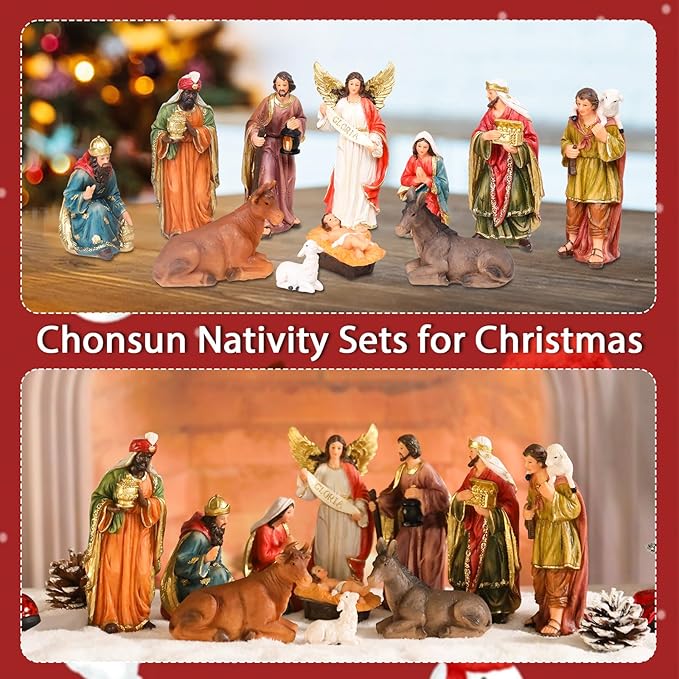 Nativity Set 5.7 Inch 11 PCS Christmas Village Nativity Scene Indoor Collectible Bulidings Nativity Sets & Figures Vintage Xmas Holiday Decorations Displays