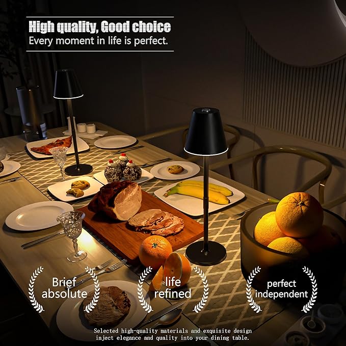 2 Pack LED CordlessTable Lamp,4000mAh Rechargeable Battery Desk lamp,3 Level Brightness Night Light,Minimalist Design, for Couple Dinner/Coffee Table/Restaurant/Bedroom(Black 2pack)