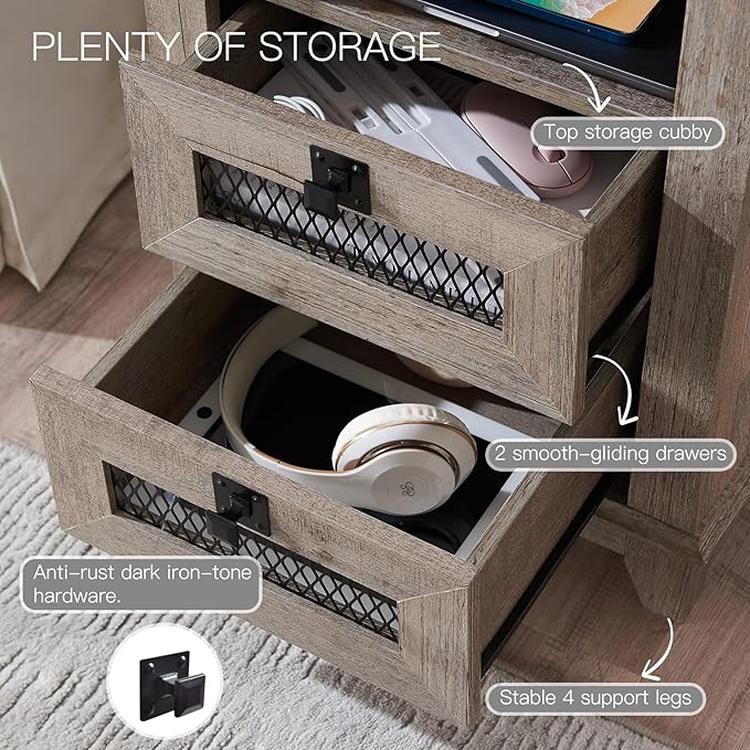 Nightstand with Charging Station,OKD 18'' Industrial & Farmhouse End Table with 2 Drawers & Open Cubby, Rustic Mesh Drawer Sofa Side Table w/Storage for Bedroom, Living Room, Office, Light Rustic Oak