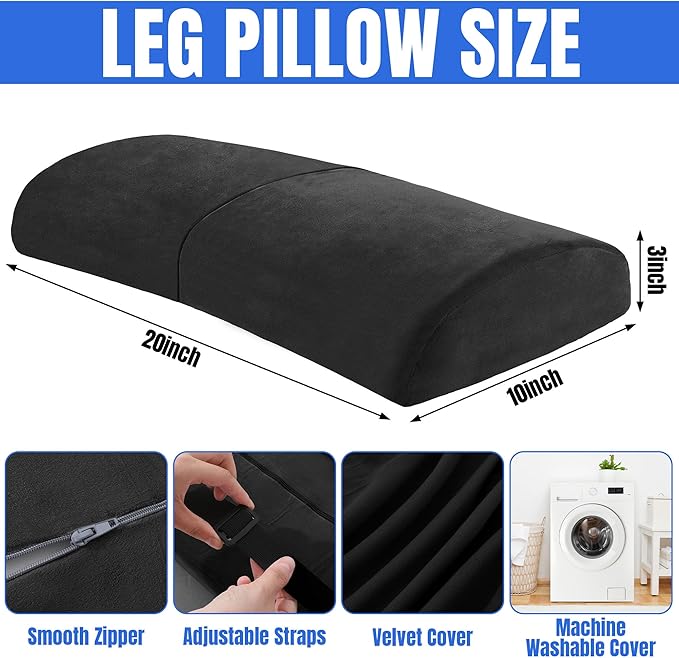 ROYALAY Recliner Leg Rest Cushion with Adjustable Straps Memory Foam Under Knee Pillow for Foot Elevation, Half Moon Leg Pillow Foldable bolster pillow for Waist Back Neck Reduce Pressure,black