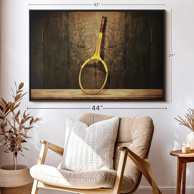 ElephantStock Vintage Tennis Racket Wall Art - Horizontal Framed Canvas - 1-Piece Living Room Wall Decor - Photography Sports Canvas Print - Brown and Black Decor for Wall - 43" X 29"