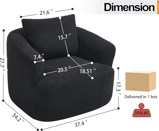 Luxlen Swivel Accent Chair with Pillow for Living Room, Teddy Fleece Upholstered Single Sofa, 360° Rotating Barrel Chair with Metal Base for Bedroom, Office, Apartment - Black