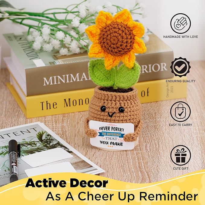 Crochet Sunflower Doll with Positive Cards – Emotional Support Stand with Magnetic Hands Hold Custom Cards - Thank You for Helping Me Grow Gift for Teachers, Coworkers & Friends