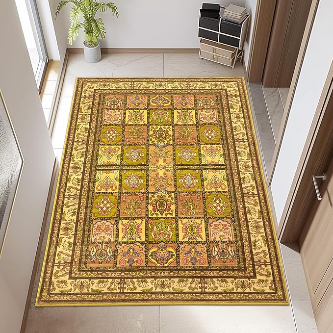 Topllen Washable Area Rug - 3'x5' Boho Bedroom Rug Indoor, Non-Slip Low-Pile Rugs for Living Room Bathroom Kitchen Front Door, Entry Throw Carpet Stain Resistance (Yellow, 3x5ft)