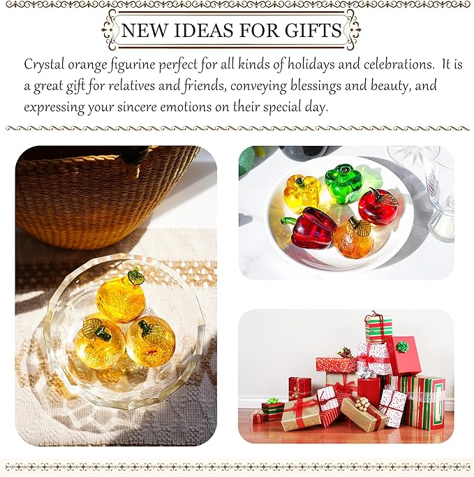 Glass Orange Figurine Crystal Fruit Collectibles Hand Blown Glass Fruits Tangerine Decoration Art Ornament for Home Office Kitchen Decor Gift for Women