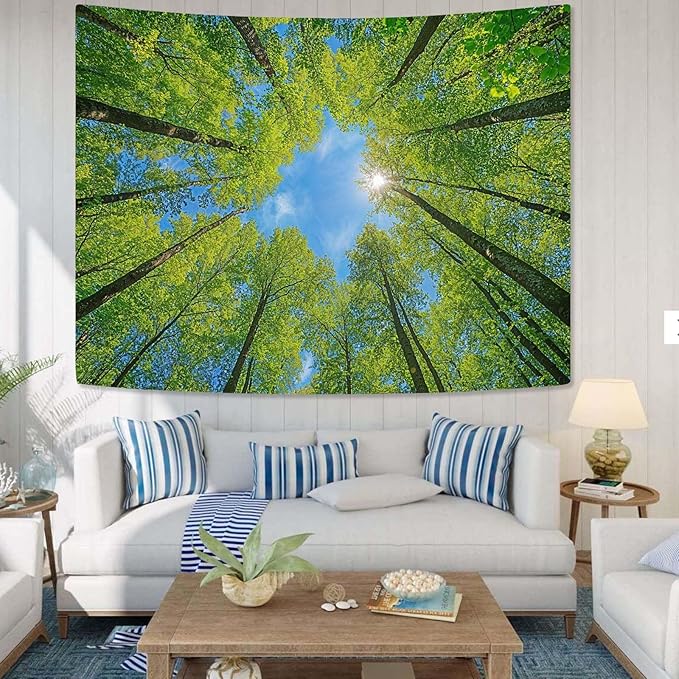 AMM Nature Forest Tree Celling Tapestry Lush Green Treetops Sunlit Tapestry for Bedroom Aesthetic Sky Sunlight Canopy Leaves Landscape Tapestries Wall Hanging for Living Room Dorm Office 48 x 36 Inch