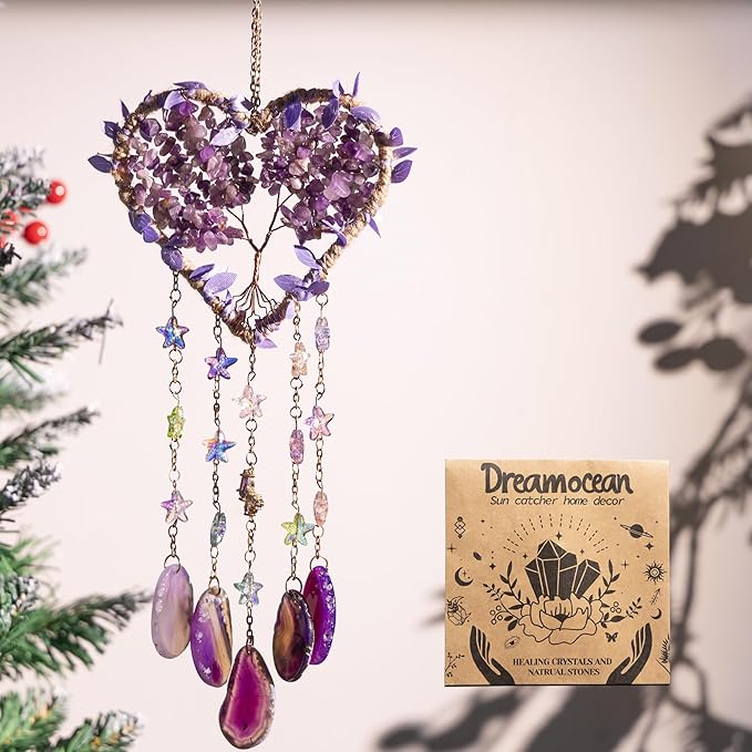 Tree of Life Dream Catchers, Dreamocean Amethyst Crystal Suncatcher Heart Rainbow Sun Catcher Window Wall Hangings Outdoor Garden Decor for Adults Girls