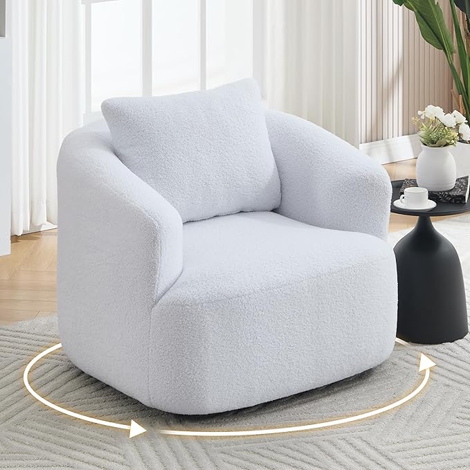 Luxlen Swivel Accent Chair with Pillow for Living Room, Teddy Fleece Upholstered Single Sofa, 360° Rotating Barrel Chair with Metal Base for Bedroom, Office, Apartment - White