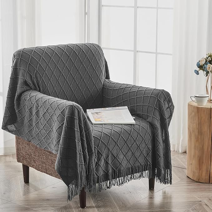 inhand Grey Throw Blanket for Couch and Bed, Soft Living Room Home Decor Knitted Blanket with Tassel, Outdoor Lightweight Breathable Summer Blanket, Farmhouse Warm Woven Decorative, 50"x60"