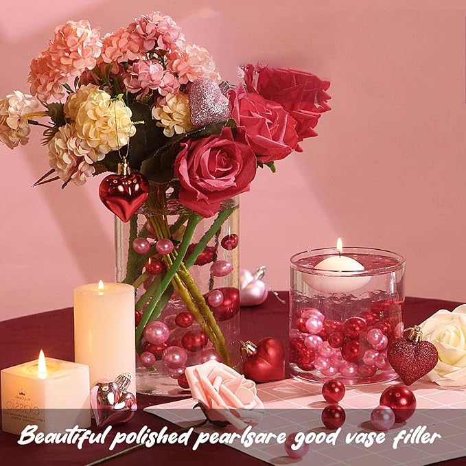 Pink Red Vase Filler | 150PCS Pearls Bead for Centerpieces Vases | 8/14/20 mm No Hole Beads, Fake Pearls for Wedding Birthday Theme Party Table Centerpieces Decors
