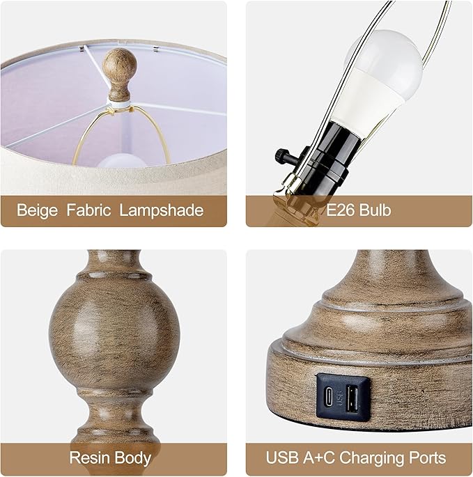 Farmhouse Table Lamps for Living Room Set of 2, Rustic Table Lamp with USB Ports, 28" Tall Table Lamps for Bedroom Nightstand, Bulb Not Included