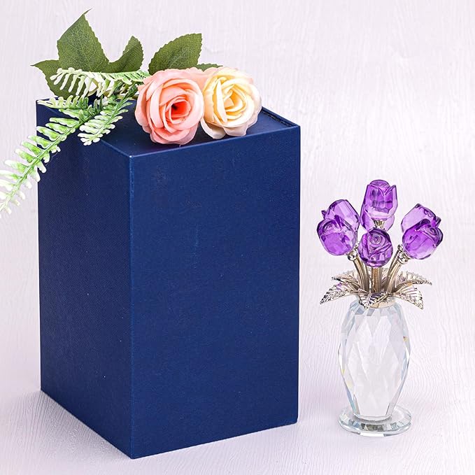 Glass Rose Flowers, Crystal Glass Figurines Rose Decorations for Home Gifts for Mom Wife Grandma, Crystal Flowers Collectible Ornament Mother's Day Thanksgiving Anniversary Birthday Gifts(Purple Rose)