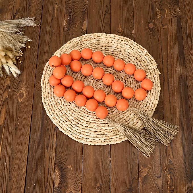 OMISHE 60" Long Extra Large Wood Bead Garland with 1.6" Diameter Wooden Beads and Tassels, Rustic Farmhouse Country Decorative Beads for Home Tiered Tray Decor, Orange