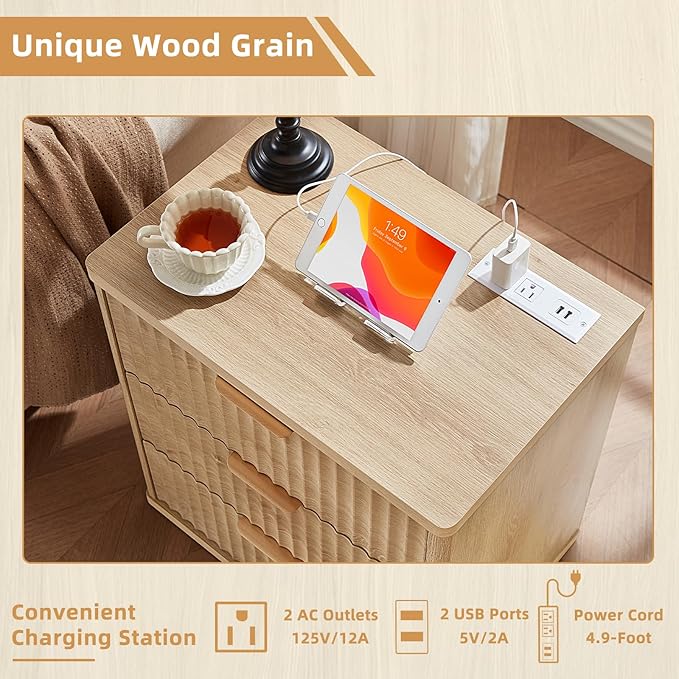 LEYAOYAO Fluted Nightstand with Charging Station, 23" Modern Night Stand with Woodgrain Top, 3 Drawers End Table w/Storage, Bedside Tables for Bedroom, Living Room, Curved Profile Design,Wood