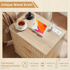 LEYAOYAO Fluted Nightstand with Charging Station, 23" Modern Night Stand with Woodgrain Top, 3 Drawers End Table w/Storage, Bedside Tables for Bedroom, Living Room, Curved Profile Design,Wood