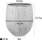 Worth Garden Large Grey Round Planter – 14.5" Dia x 17.5" H Lightweight Magnesium Oxide Cement Plant Pot with Texture – Raised Pattern Concrete Look – Drainage Hole – Indoor & Outdoor Use